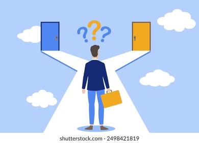 a businessman is confused about choosing the right way out for his business. one door is the right way out for his business and the other door is a way that can make the person fall down