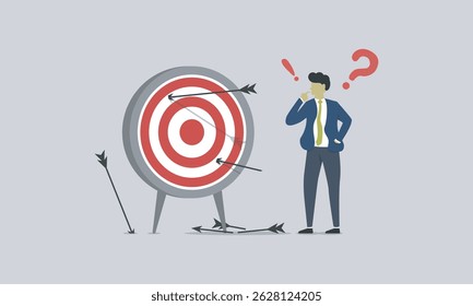 Businessman confused about wrong target plan or not accurated business plan. business strategy target plan to get audiences or increase income for company. vector business illustration flat design.