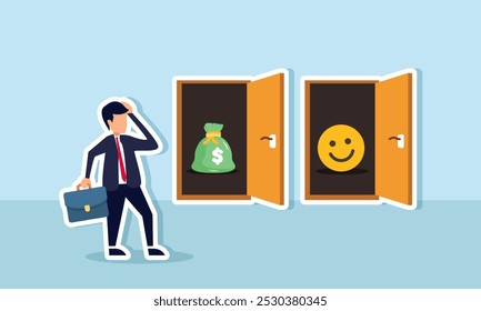 A businessman is confused between two doors, one with a money bag and the other with a smiling emoji, illustration of the dilemma between profit and appreciation or engagement  