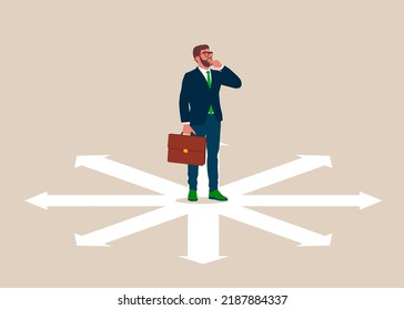 Businessman confused by direction signs. Business direction and choice concept. Decisions, Business cartoon character vector design.