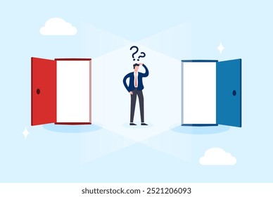 Hombre de negocios confundió la elección entre la puerta de éxito roja y azul. Oportunidad de trabajo de la empresa. Vector de diseño de ilustración plana.	