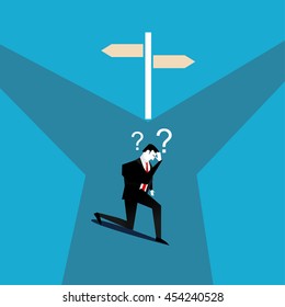 Businessman confused to choose the right direction. Confused concept.