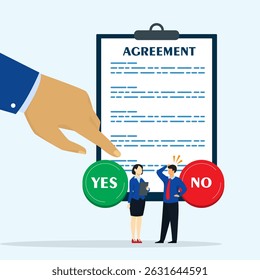 Businessman is confused to choosing the agreement in the paper clipboard with explaining by young businesswoman. Big hand ready to click yes or no button. Decision making on contract concept.