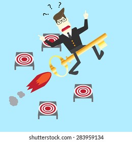 businessman confused destination choice on a moving key rocket 