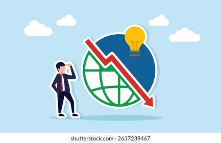Businessman confused with downward arrow and lit lamp on globe illustration of business performance decline due to lack of innovation in business ideas