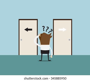 businessman confused at front of door, for choosing the right or left door,  business concept cartoon vector illustration