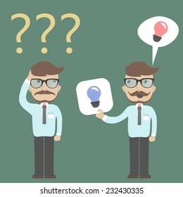Businessman confused and businessman getting two ideas.