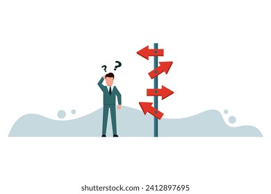 A businessman is confused as he looks at several road signs with question marks and thinks about which way to go. Business decisions career path career direction or choose a path to success concept