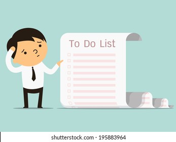 Businessman Confused With Long Paper Note With To Do List, Business Concept In A Lot Of Things To Do. You Can Write Your Text Or Design In Copy Space. 