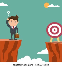 Businessman confused looking for targets located on a cliff.Vector illustration.