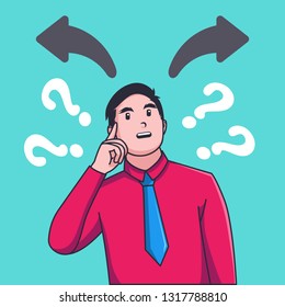 Businessman confused make choice in front of two arrows	