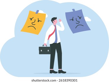 businessman confused Mixed emotions of happiness and sadness under mask imposter syndrome, Bipolar disorder, fake faces and emotions. psychology, false behavior or deceiver.vector illustrator

