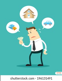 Businessman confused with money. Vector illustration