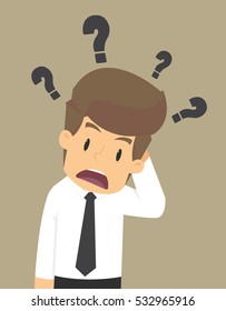 businessman confused with the question, the problem exists. vector