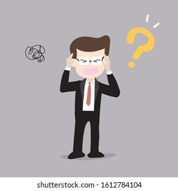 Businessman confused with the questionwith question marks above his head. , the problem exists. 