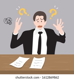 Businessman confused with the questionwith question marks above his head. , the problem exists. 