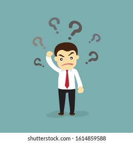 Businessman confused with the questionwith question marks above his head. , the problem exists. 