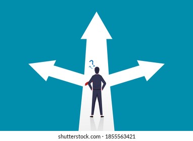 Businessman confused standing at arrows concept. Symbol of career path or opportunities, business concept decision vector illustration 