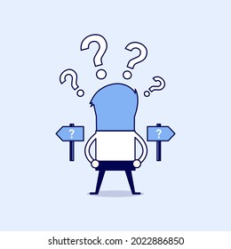 Businessman confused. Standing at the crossroad. Cartoon character thin line style vector.