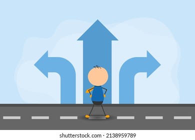 Businessman with confused stickman shape in front of arrow crossing to make right decision and solution. Business decision and career path strategy concept.