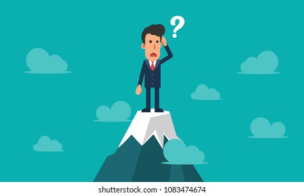 Businessman confused, businessman thinking with question mark in top of mountain
