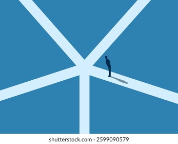 Businessman confused when looking at many paths