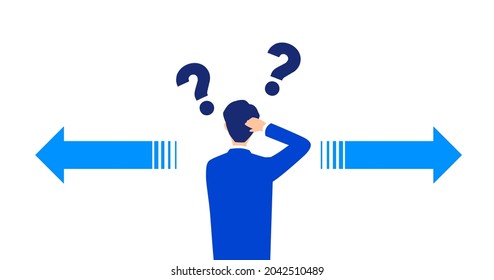 Businessman confused,different direction arrows,question mark,vector illustration