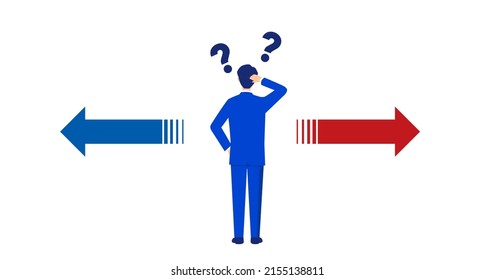 Businessman confused,different direction arrows,question mark,vector illustration