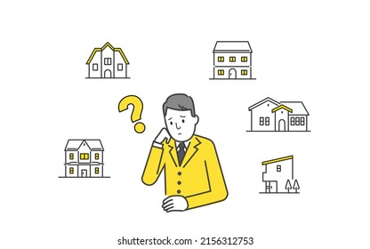 Businessman confused,many house icons background,vector illustration