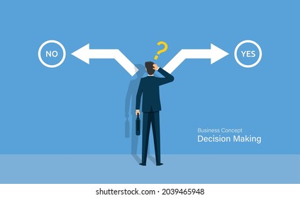 Businessman confusing between yes or no choice, decision making concept