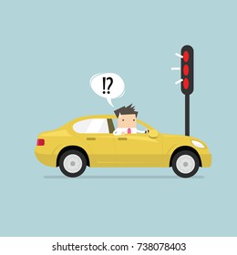 Businessman confusing with red traffic light. vector