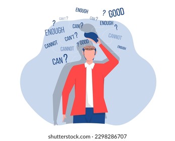 businessman confusion or imposter syndrome  Self doubt on him head not good, enough ,thinking, can and cannot make no confidence to make decision self concept