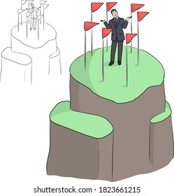 businessman with confusion and seven goal flags on the top of mountain vector illustration sketch doodle hand drawn with black lines isolated on white background