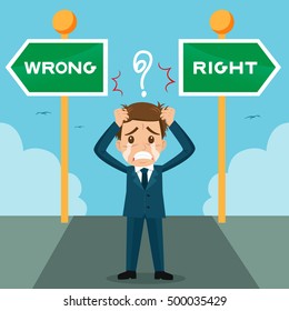 Businessman confusion with wrong and right direction, vector illustration cartoon
