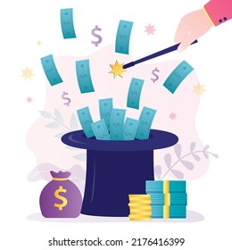 Businessman conjured lot of cash from hat. Hand with magic wand conjured profit. Entrepreneur performed successful money trick. Man found quick way to get rich. Business concept. Vector illustration