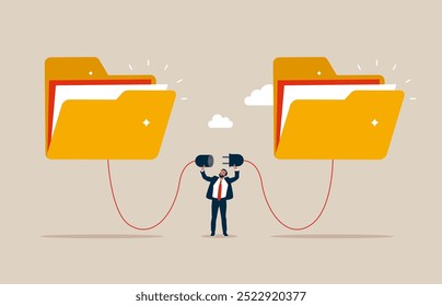 Businessman connect between folder. Arrange online data or paperwork concept, file management, coding to exchange information for website. Modern vector illustration in flat style