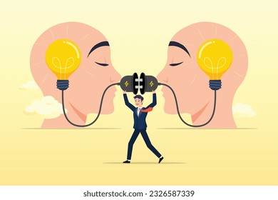 Businessman connect to bright up light bulb idea on human head, communication for success, connect idea or understanding, agreement or solving problem together, cooperation or collaboration (Vector)