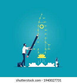 Businessman connect the dot as Rocket of launch metaphor, concept of new business project, development and launch a innovation product