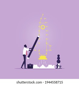 Businessman connect the dot as Rocket of launch metaphor, concept of new business project, development and launch a innovation product