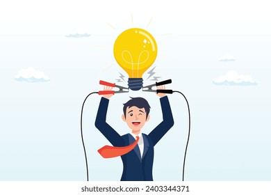 Businessman connect electricity to lightbulb idea to lit up bright metaphor of solution idea, jump start new business idea, knowledge to solve problem or creativity to think about solution (Vector)