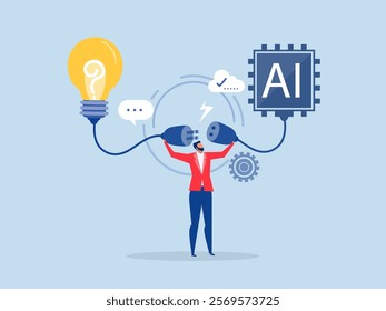 businessman connect plug with lightbulb idea to ai Artificial Intelligence. or processing chip into human brain with Light bulb development innovation concept vector