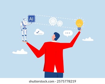 businessman connect plug with lightbulb idea to ai Artificial Intelligence. or processing chip into human brain with Light bulb development innovation concept vector