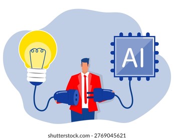 Businessman connect plug with lightbulb idea to AI Artificial Intelligence. chip with Light bulb  development innovation concept vector