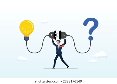 Businessman connect question mark with light bulb solution, solving problem, answer to hard question,  creativity idea, innovation help business success, leadership to overcome difficulty (Vector)