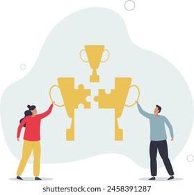 businessman connect trophy jigsaw piece to win together.flat vector illustration.