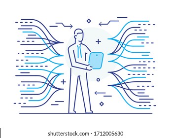 businessman connected with networks. Vector illustration Eps10. Success, career. Line icon illustration