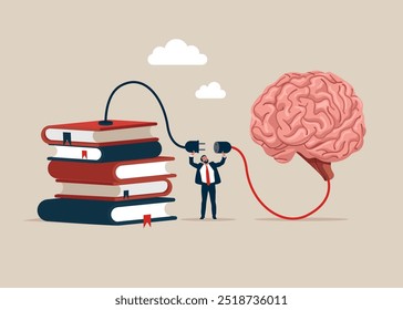 Hombre de negocios que conecta el cerebro y los libros. Leer libros, mejorar la alfabetización y las habilidades de aritmética. Ilustración vectorial plana