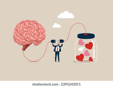 Businessman connecting brain and heart interactions. Self control or balance between mind and feelings. Flat vector illustration