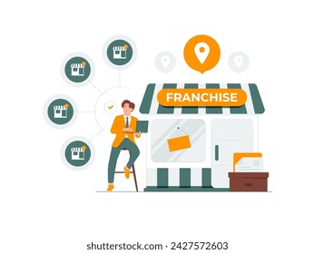 Empresario conectando la ilustración del concepto del sistema de marketing de franquicia