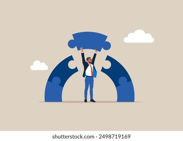 Businessman connecting jigsaw puzzle bridge. Business deals to achieve business goal. Flat vector illustration